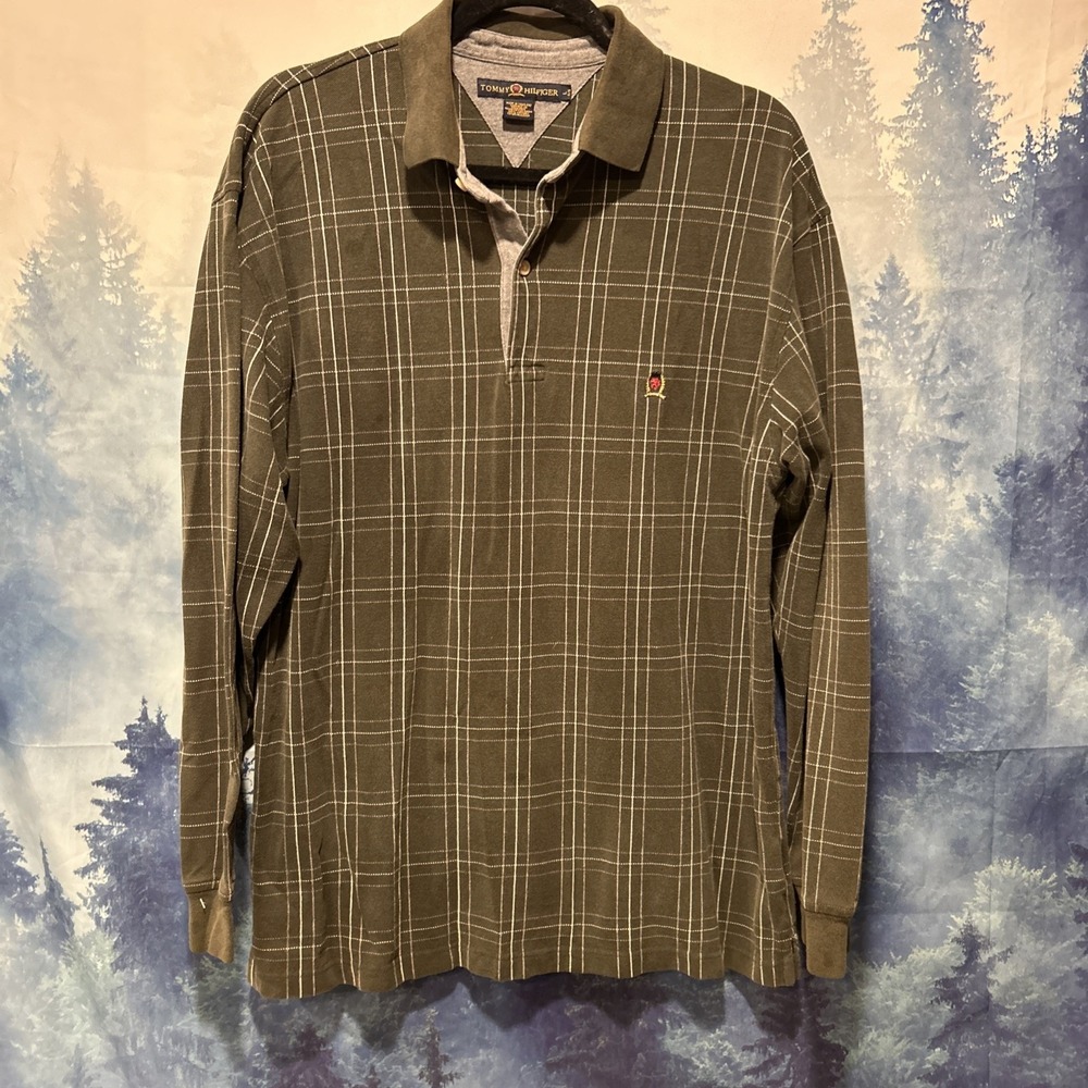 Tommy Hilfiger Men's Large Polo Long Sleeve Green Plaid 100% Cotton Logo